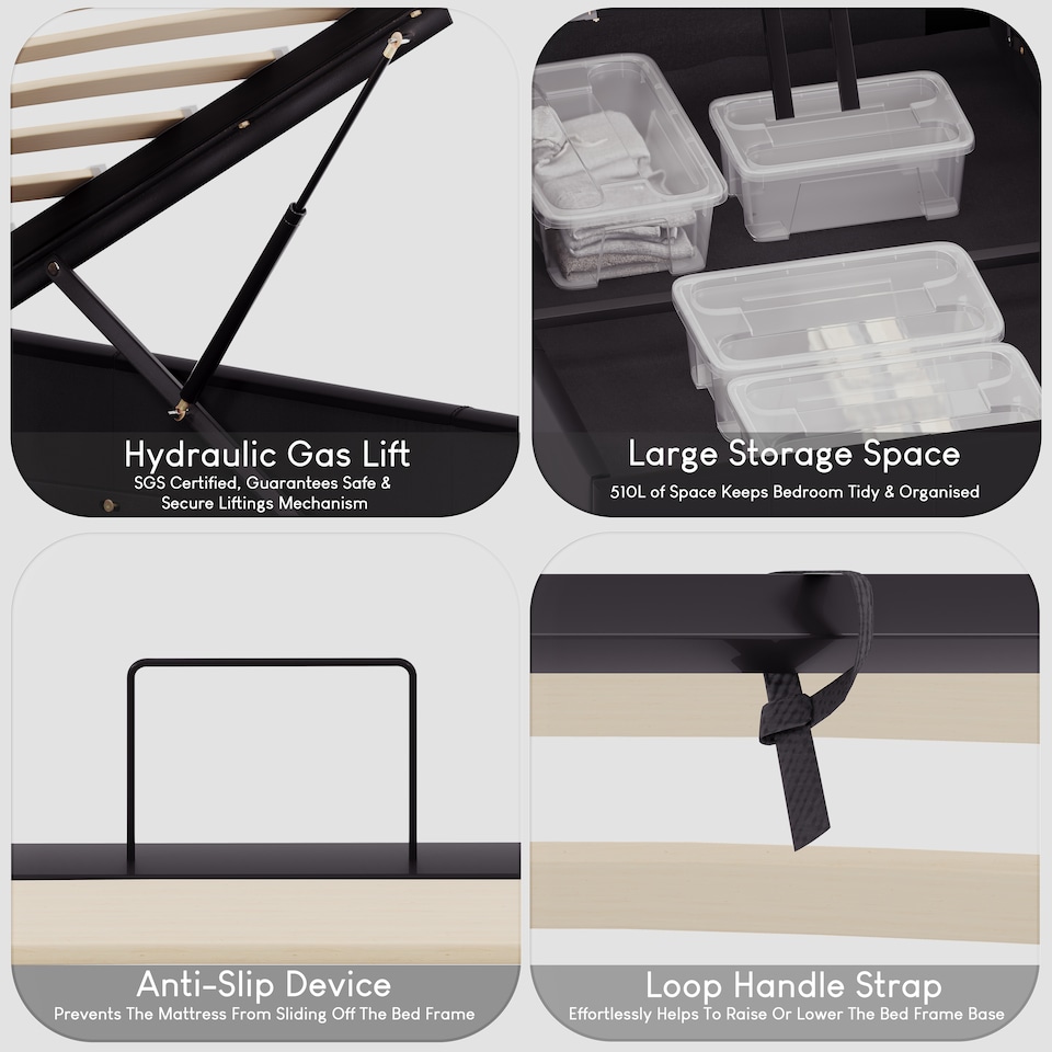 image 1 of Vida Designs Lisbon 4ft Small Double Size Ottoman Bed Storage Faux Leather, Black, 120 x 190cm