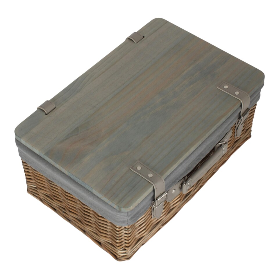image 1 of 36cm Antique Wash Grey Lined Willow Empty Picnic Basket with Pinewood Lid | Brown | Brown | S | 1