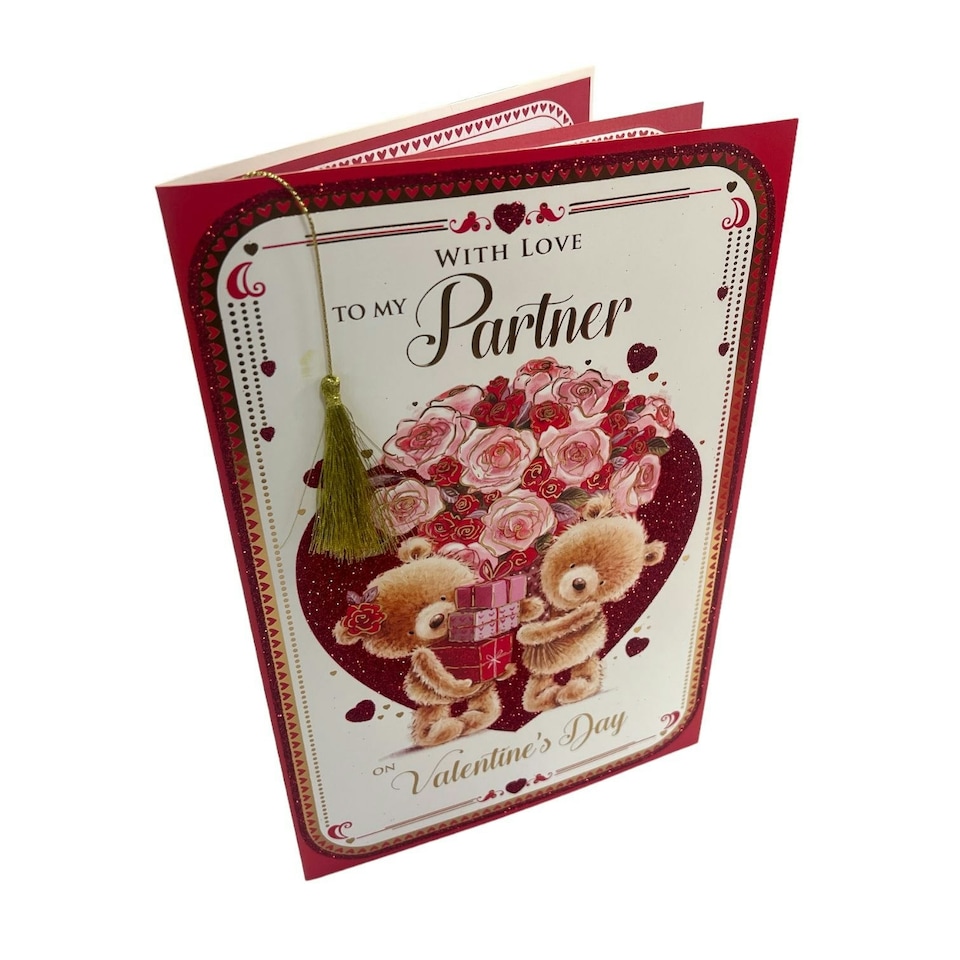 image 1 of To Partner Teddies With Gifts & Bouquet Glitter Finished Valentine's Day Card