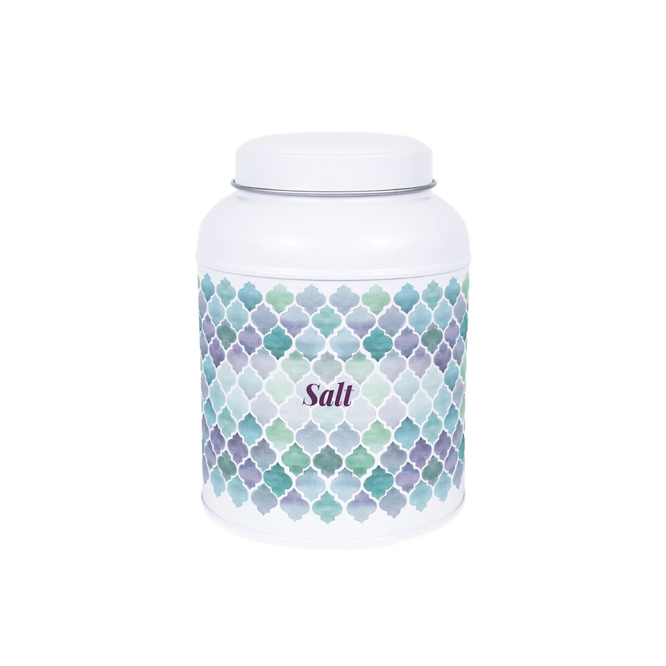 image 1 of Arabesque Tile Salt Canister - Small Domed Lid Kitchen Storage Jar
