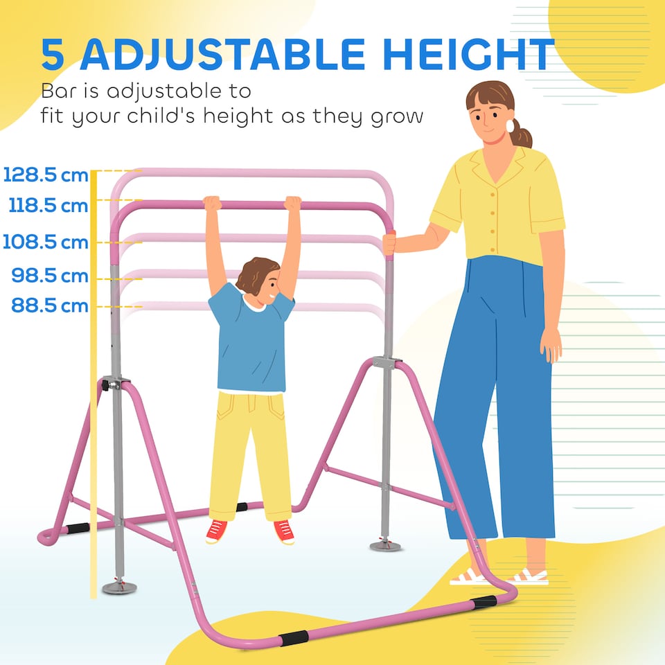 image 1 of HOMCOM Kids Gymnastic Bar w/ Adjustable Height, Foldable Training Bar - Pink | Pink | Pink | 154L x 106.2W x 88.5-128.5H cm