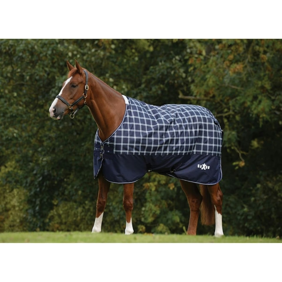 image 1 of Saxon Defiant Standard-Neck Plaid Midweight Horse Turnout Rug - Navy/White - 4´ 9"