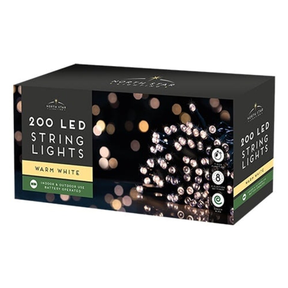 200 Warm White LED Battery Operated String Lights 20m