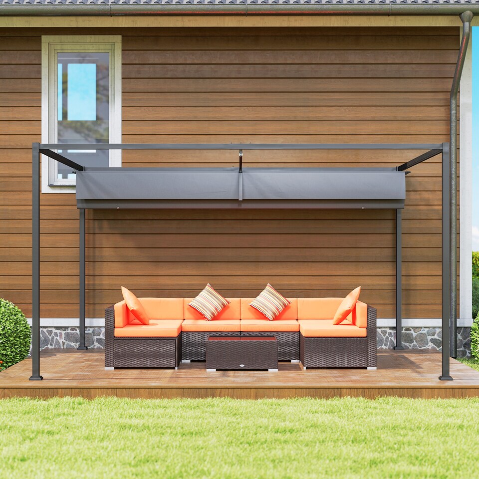 image 1 of Outsunny 4 x 3(m) Metal Outdoor Pergola with Retractable Roof, Outdoor Gazebo with Drainage Holes for Garden, Patio, Lawn, Grey