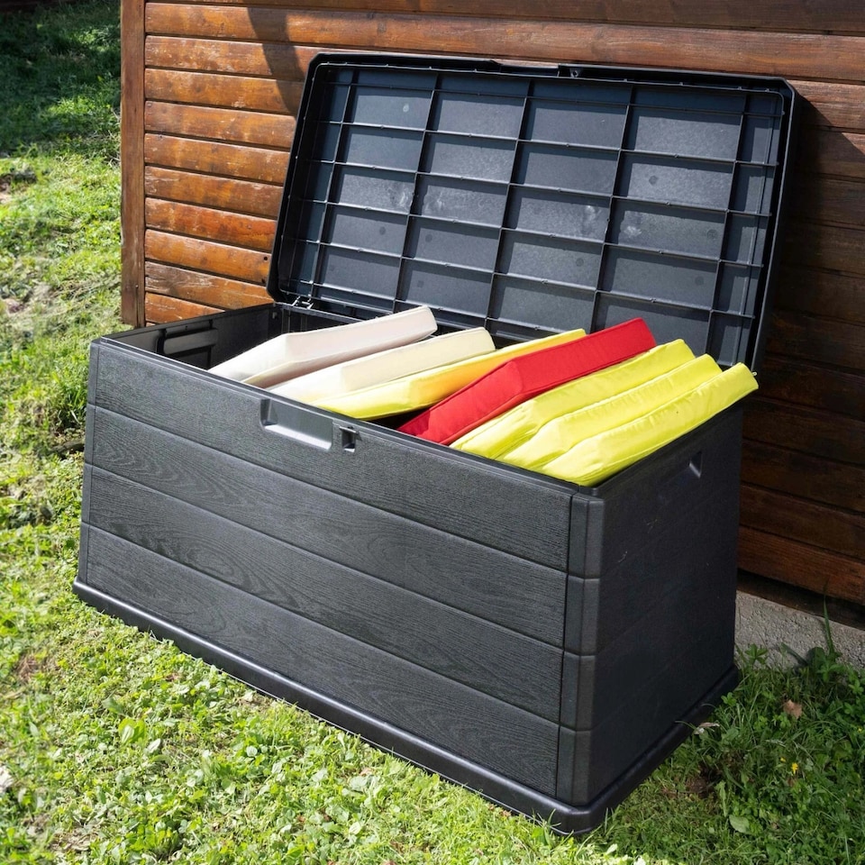 image 1 of 350L Outdoor Patio Anthracite Plastic Garden Storage Box With Handles & Wheels