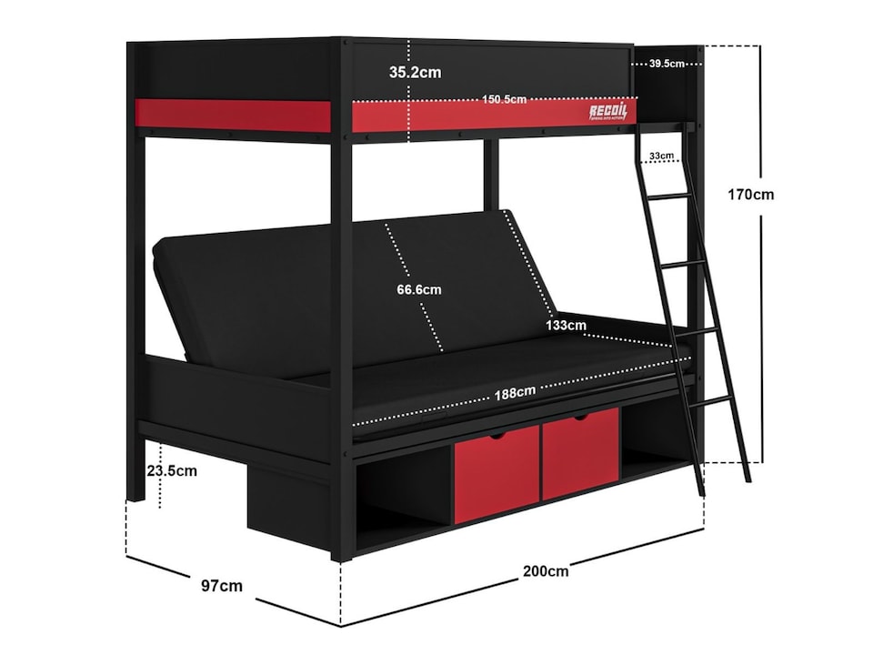 image 1 of Recoil Nova Storage Gaming Metal Bunk with Futon Black & Red