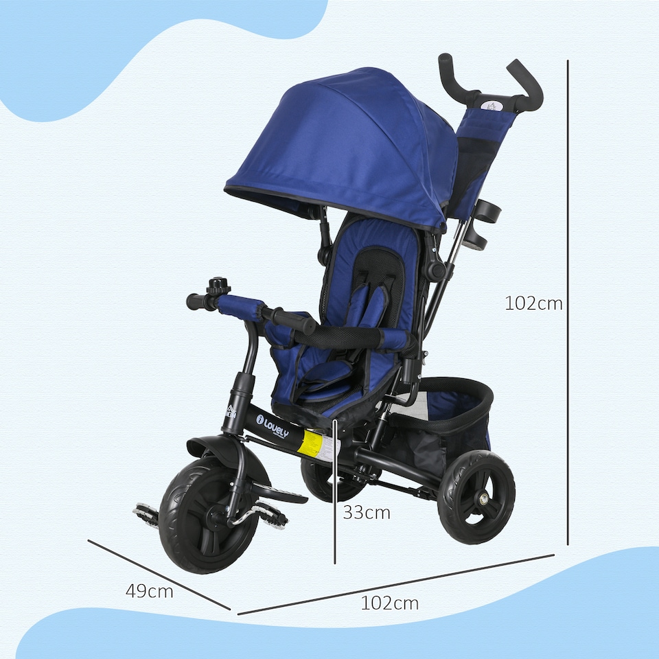 image 1 of HOMCOM 6 in 1 Trike, Kids Tricycle, Pedal Push Bike with Push Handle, Removable Canopy, 5-point Safety Belt, Storage, Cushion, Footrest, Brake, for 1-5 Years Toddler, Dark Blue
