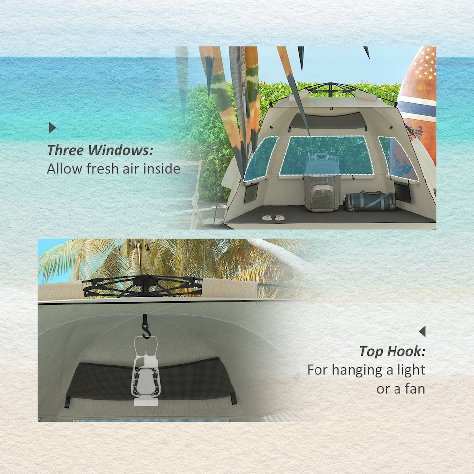 image 1 of Outsunny Pop Up Tent Beach Tent for 23 Person, Easy Set Up Sun Shelter with Extended Floor, Sandbags, Mesh Windows and Carry Bag | Brown