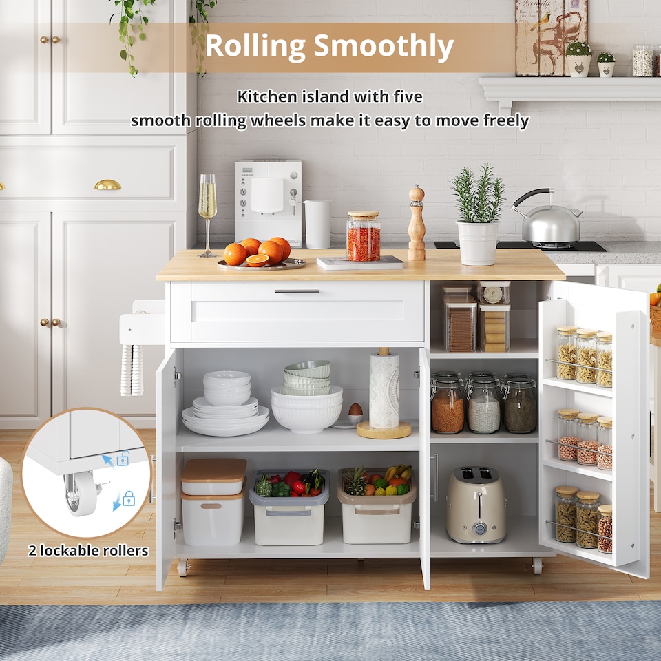 image 1 of VILUXE Mobile Kitchen Island with Foldable Worktop, Drawer, Adjustable Cabinets, 3 Door Spice Racks, Towel Rail and 5 Wheels, White and Natural Wood