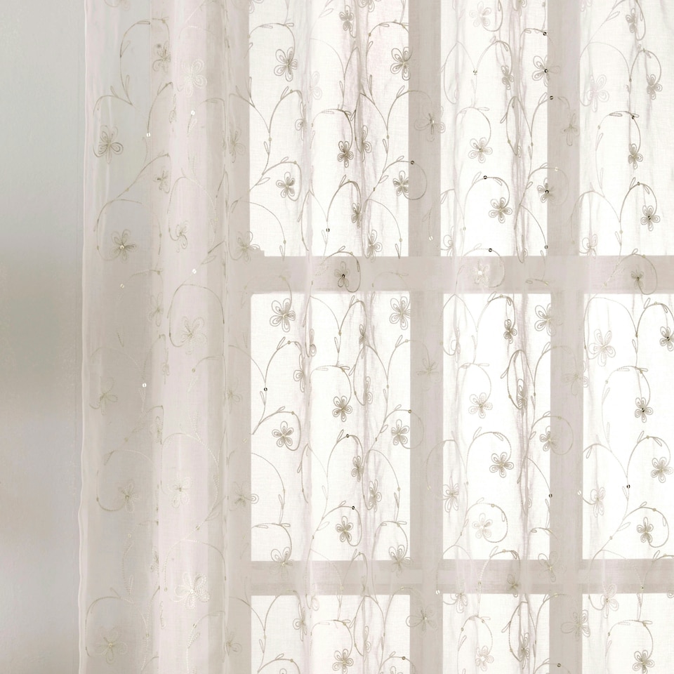 image 1 of Pair of Belle Cream Floral Embroidery Voile Panels 137 cm (54 inch) Rod Pocket Panels with Sequins for Bedroom and Living Room