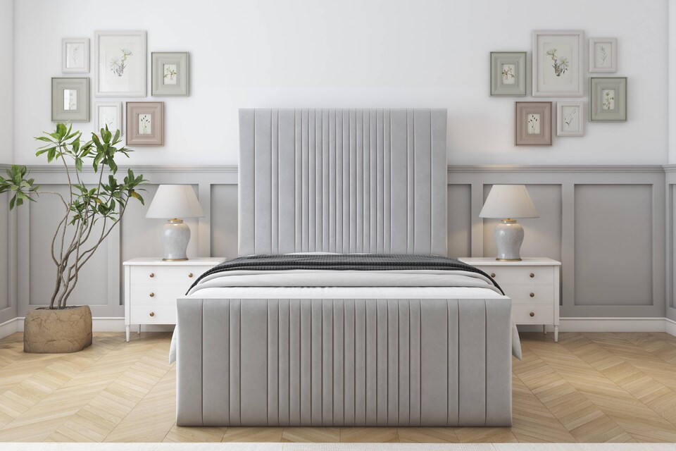 image 1 of Sloomy Kingsley Silver Plush Bed Frame With Mattress With 50" Upholstered Headboard 4' Small Double