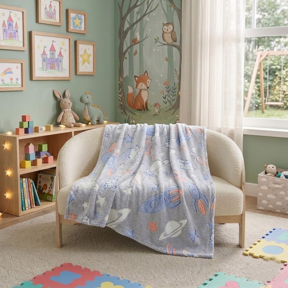 image 1 of Glow in the Dark Outerspace Blanket Soft Galaxy Night Sky Throw for Kids 100x150cm | Multi