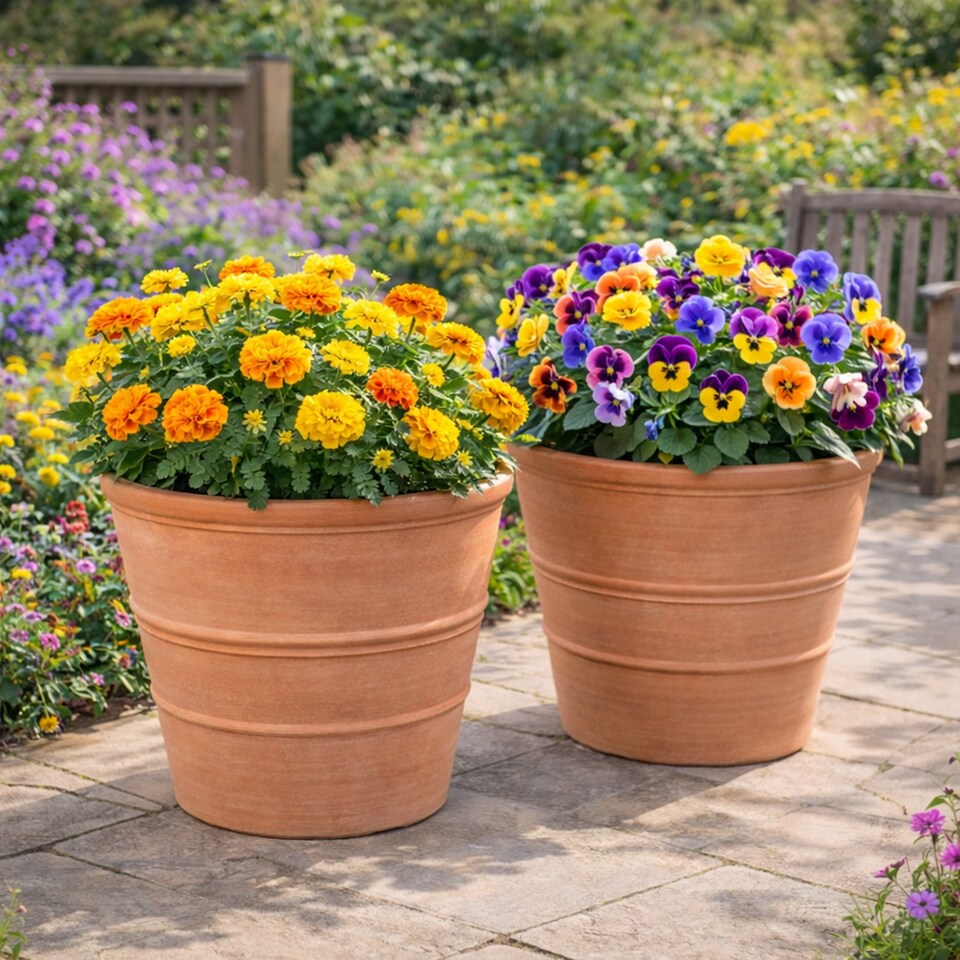 image 1 of JSH Rustic Terracotta Effect 41L Planter in Recycled Plastic 47cm Classic Round Garden Flower Pot Strong and Lightweight | Brown | 2