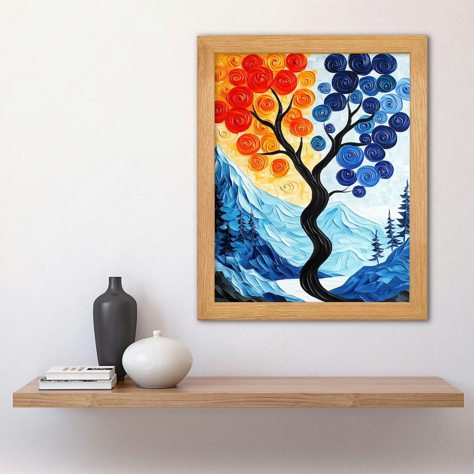 image 1 of Autumn To Winter Tree Folk Mountain Landscape Wood Framed Wall Art Print