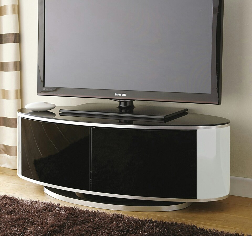 image 1 of MDA Designs LUNA Gloss Black Oval Cabinet with White Profiles and Black BeamThru Glass Doors Suitable for Flat Screen TVs up to 50" | Multi | 1