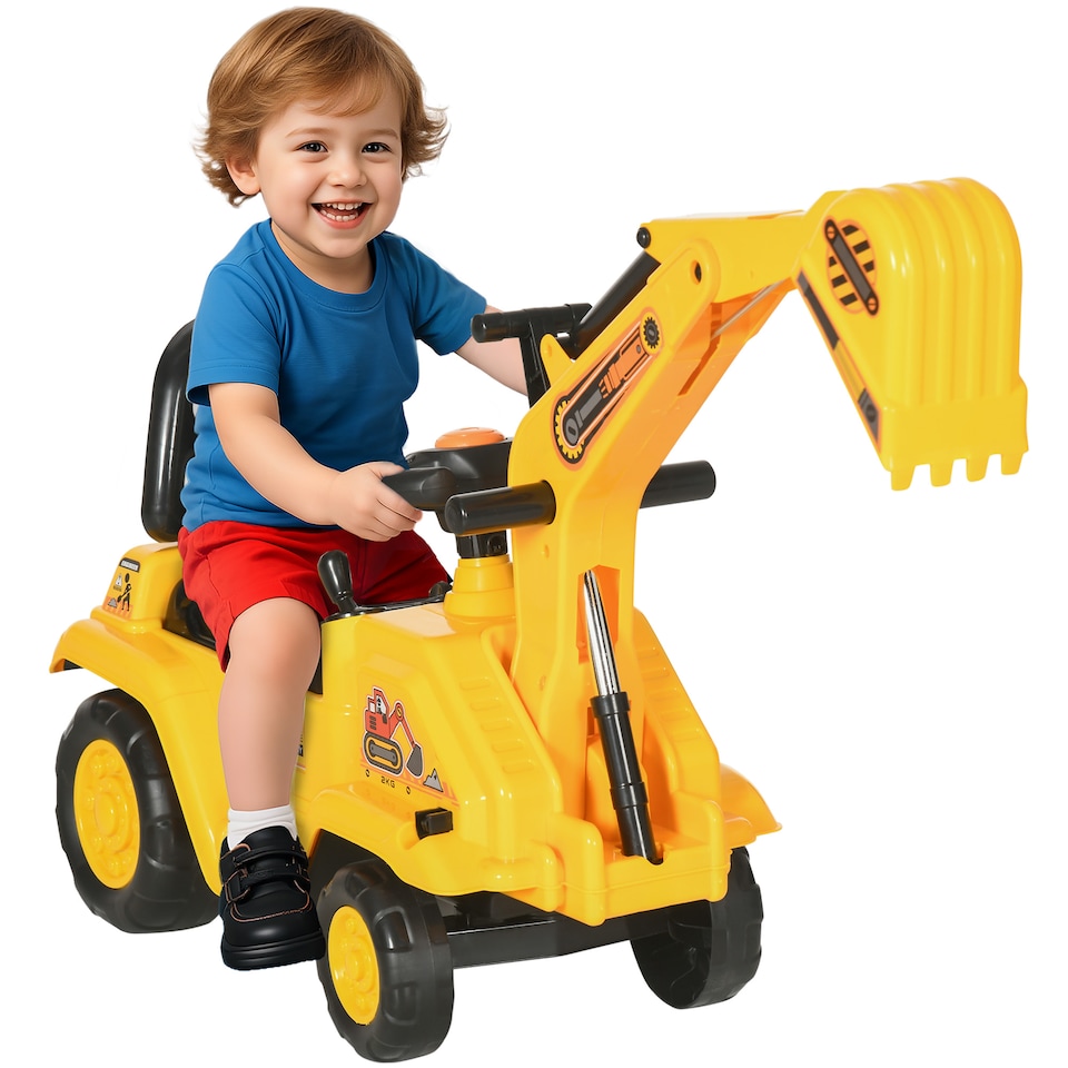 image 1 of HOMCOM Ride On Tractor, 2 in 1 Kids Ride On Digger Pull Cart with Bucket, Under Seat Storage, Horn, High Backrest, Ride On Toy for 1.5-4 Years, Yellow
