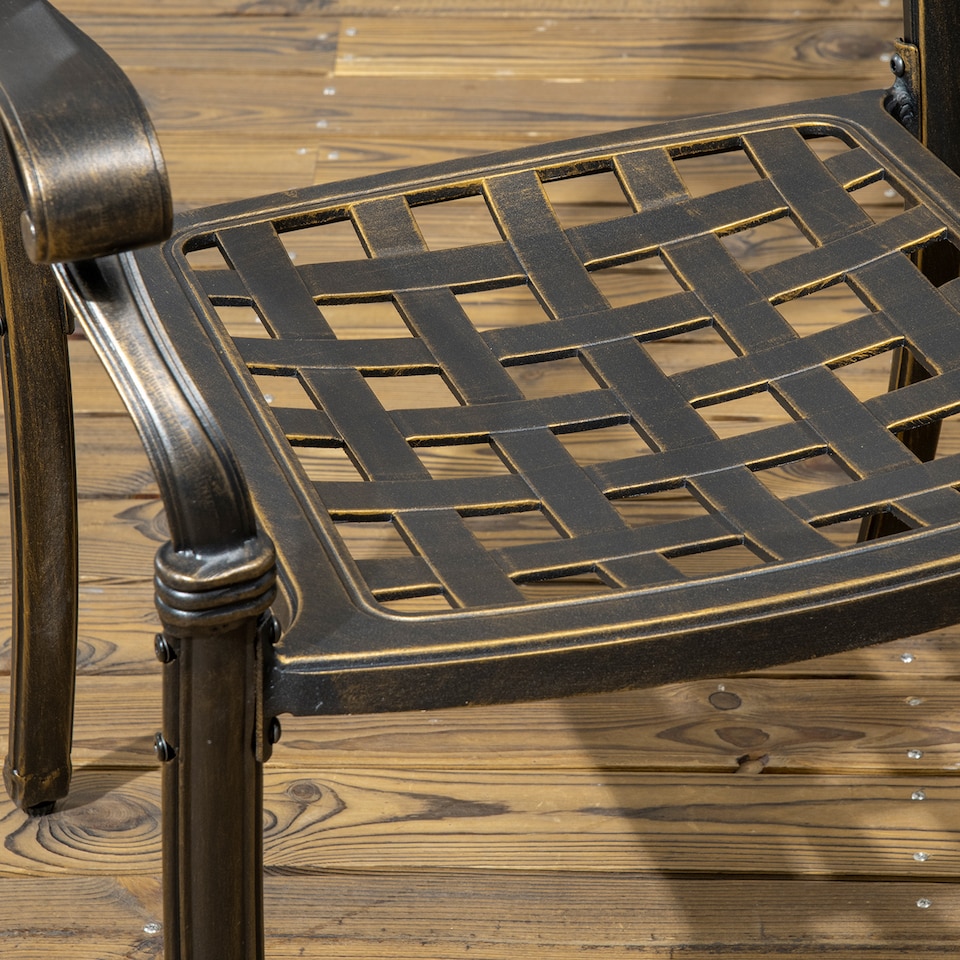 image 1 of Outsunny 7-PC Cast Aluminum Patio Dining Set w/ Umbrella Hole & Cushion, Bronze | Bronze | Bronze tone, Khaki | Table: 150x90x72.5cm, Chair: 62x65x91cm
