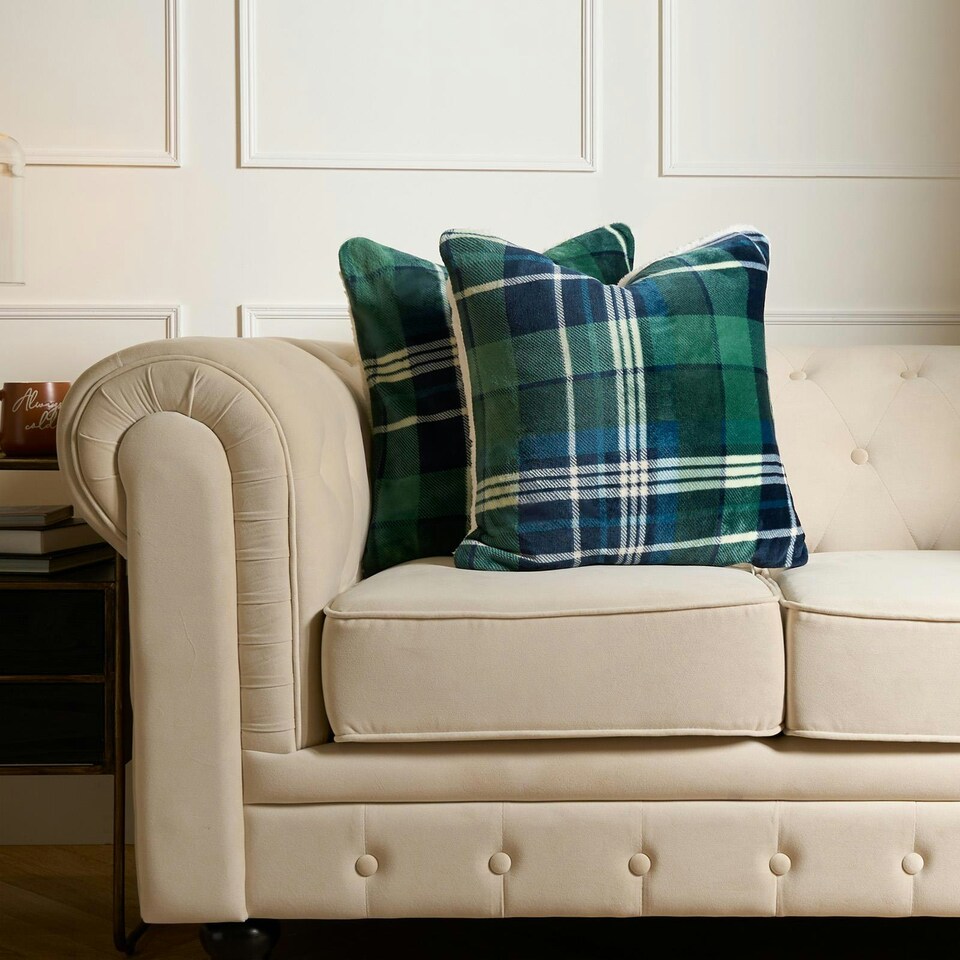 image 1 of OHS 4 x Hudson Flannel Fleece Check Printed Filled Cushions, 45x45cm - Green