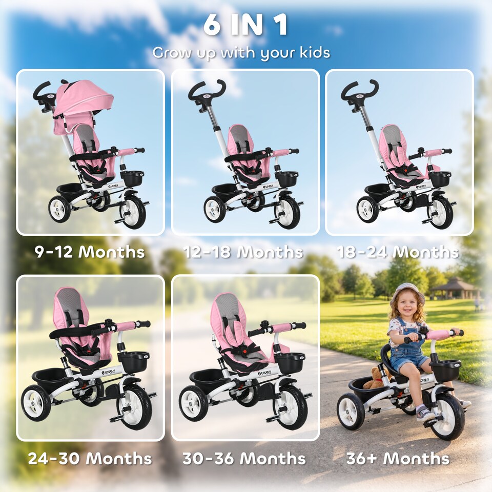 image 1 of HOMCOM 6 in 1 Trike for Toddler 1-5 Years with Parent Handle, Pink