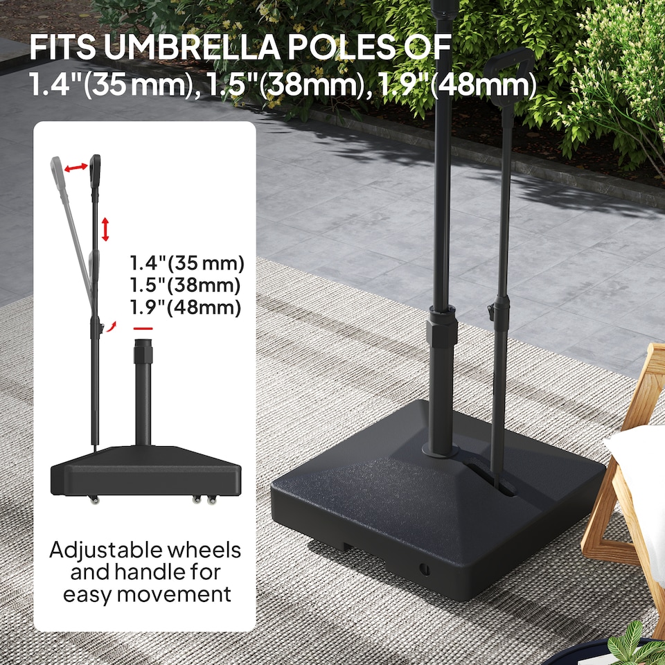 image 1 of Outsunny Garden Parasol Base with Adjustable Wheels and Handle, Garden Sun Umbrella Base Parasol Stand, Filled Up to 55kg with Stand, 45kg with Water for 35, 38, 48 mm Poles, Black