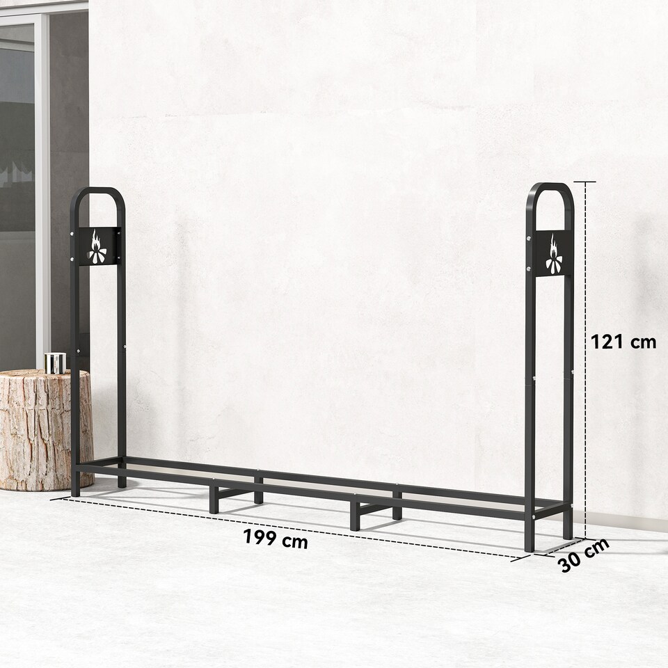 image 1 of Outsunny 6.5 FT Steel Firewood Log Rack with 300 kg Capacity, Heavy Duty Indoor Outdoor Fireplace Wood Storage Shelf, Log Holder/Stand with Extra Support Legs, Decorative Bonfire Pattern, Black