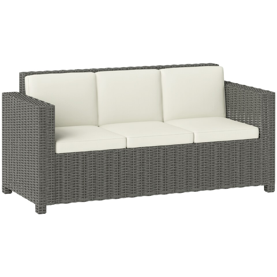 image 1 of Outsunny 3 Seater Rattan Sofa with 10 cm Thick Padded Cushion, All-Weather PE Wicker Weave Garden Three-seater Bench with Armrests, Cream White