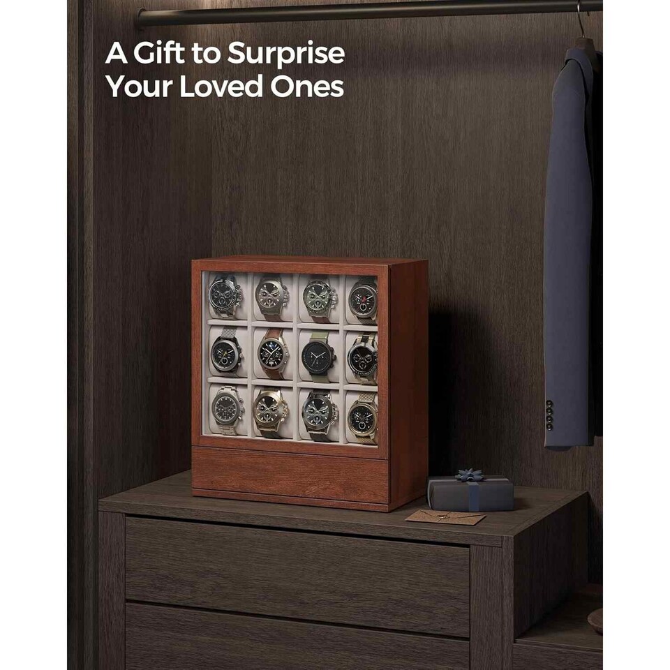 image 1 of Wooden Watch Box with 12 Slots, Glass Display Lid, Vertical Watch Storage Case, Coffee Brown