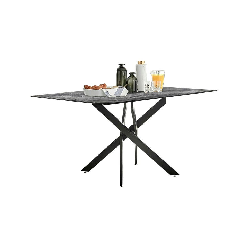 image 1 of Furniturebox Leonardo Glass Marble Top Black Legs 6 Seat Dining Table