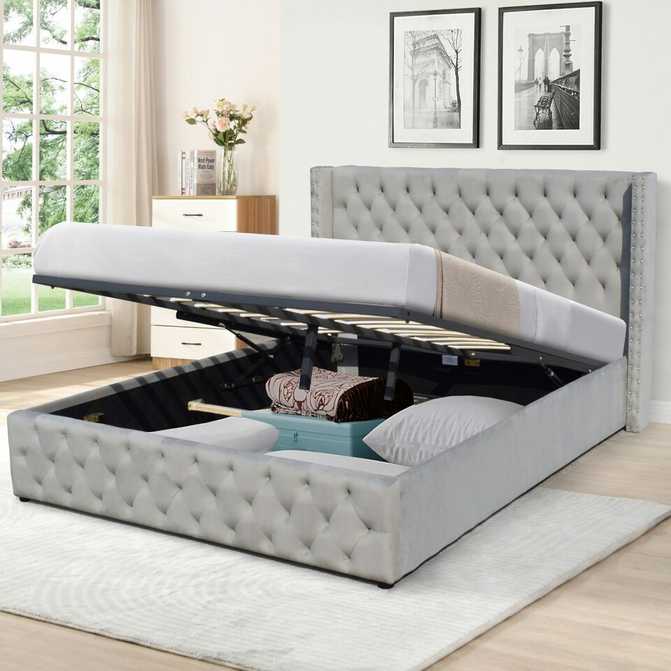 image 1 of 4ft6 Double Storage Bed Frame With Winged Headboard In Light Grey