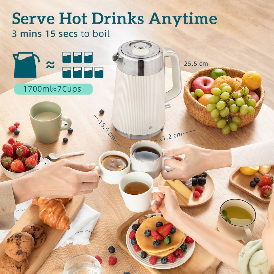 image 1 of HOMCOM Electric Stainless Steel Kettle and Toaster Set, 3000W 1.7L UK Strix Thermostat Fast Boil Kettle w Limescale Filter, Cool Touch Body, 4 Slice Toaster with 7 Browning Levels, Crumb Tray, Cream