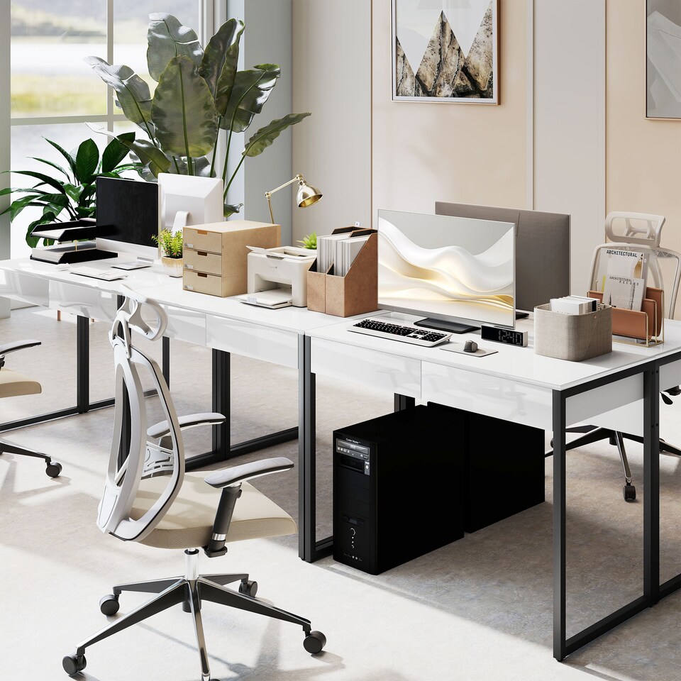 image 1 of HOMCOM High Gloss Computer Desk with 2 Drawers, 100 x 50 cm Home Office Desk for Small Spaces, Modern Study Writing Table with Steel Legs, White and Black