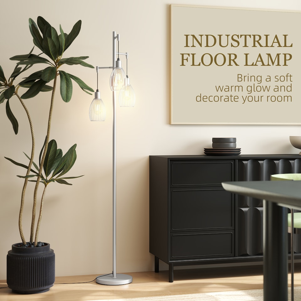 image 1 of HOMCOM Industrial 3-Light Floor Lamp Dimmable Standing Lamp, Silver Tone