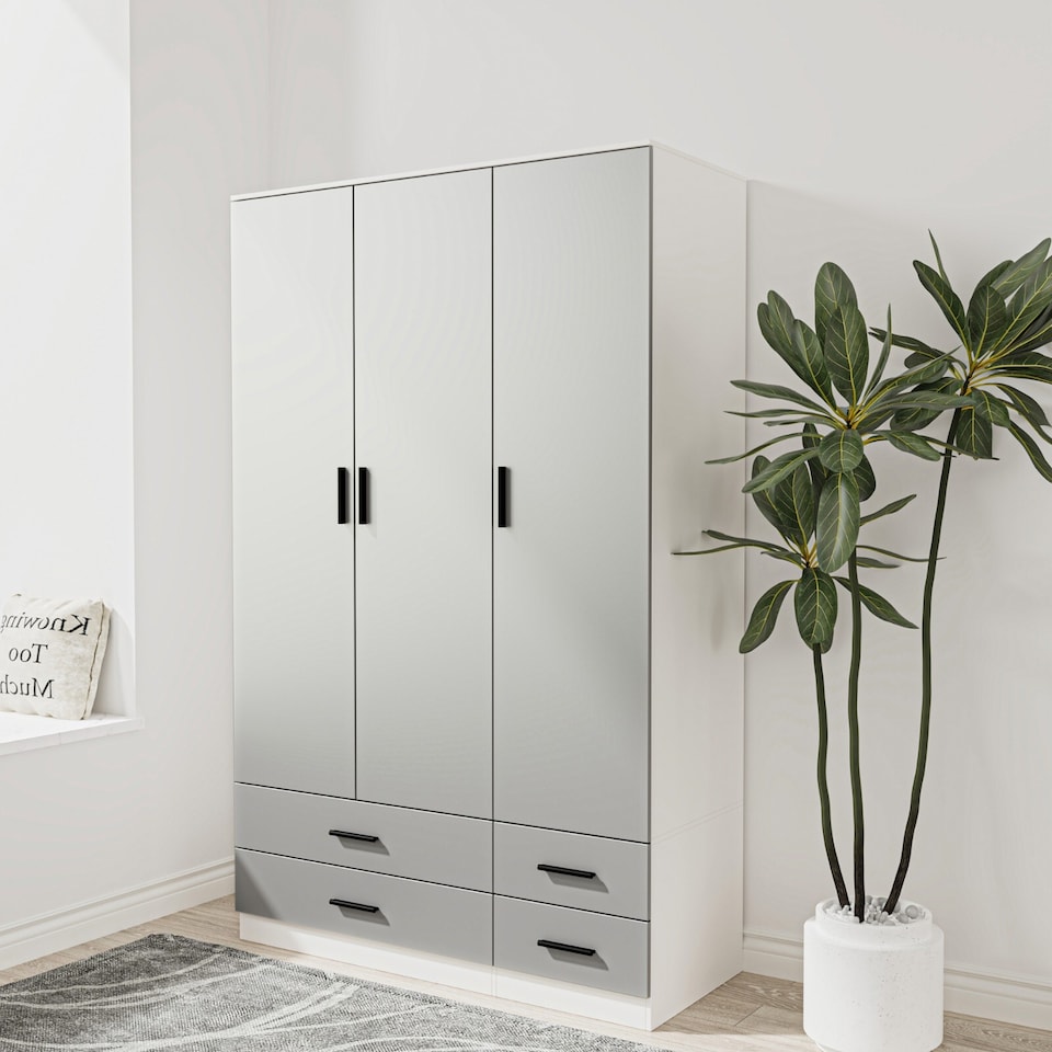 image 1 of 3 Door 4 Drawer Wardrobe With Hanging Rail And Storage Shelf | White | White Carcass & Grey Door | 1