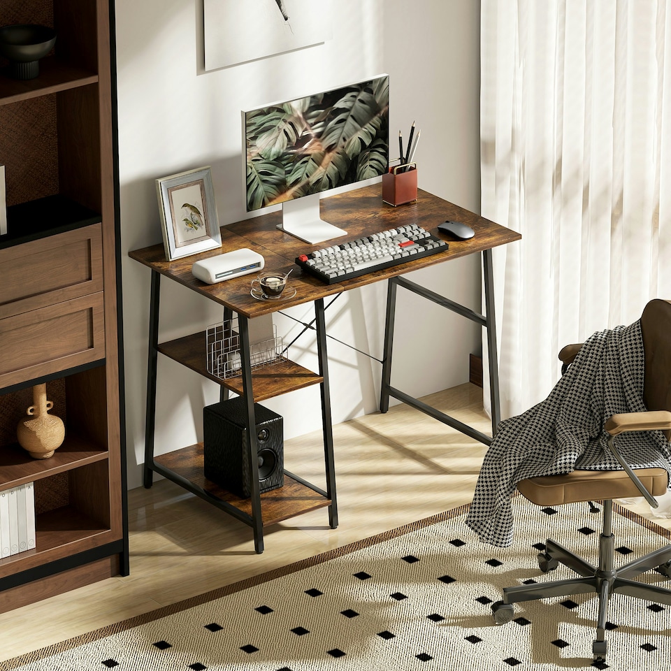 image 1 of HOMCOM 100cm Computer Table with Shelves and Steel Frame, Rustic Brown | Brown | Black | 100W x 60D x 76H cm