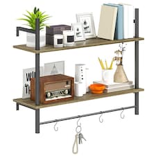 HOMCOM Wall Shelf Unit with 4 Hooks for Living Room, Entryway, Grey