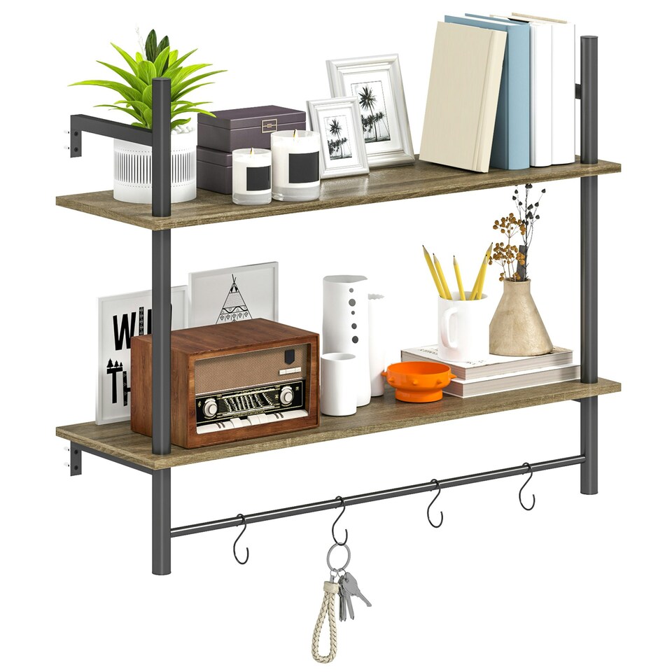 image 1 of HOMCOM Wall Shelf Unit with 4 Hooks for Living Room, Entryway, Grey
