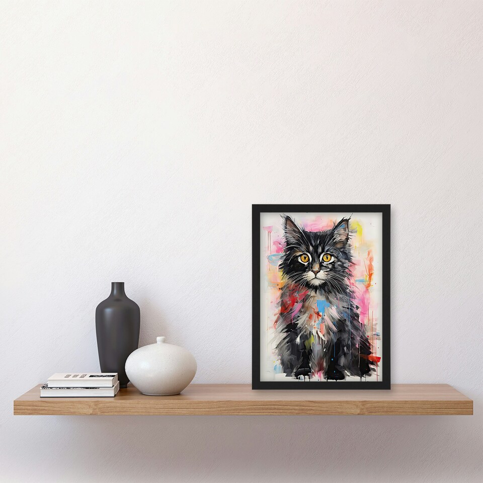 image 1 of Kitten Colourful Oil Bright Baby Cat Black Framed Wall Art Print A4