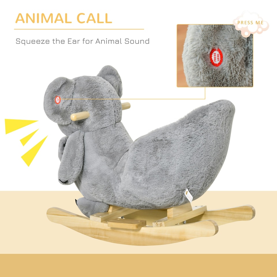 image 1 of HOMCOM Kids Plush Ride-On Rocking Horse Koala-shaped Toy w/ Gloved Doll Grey