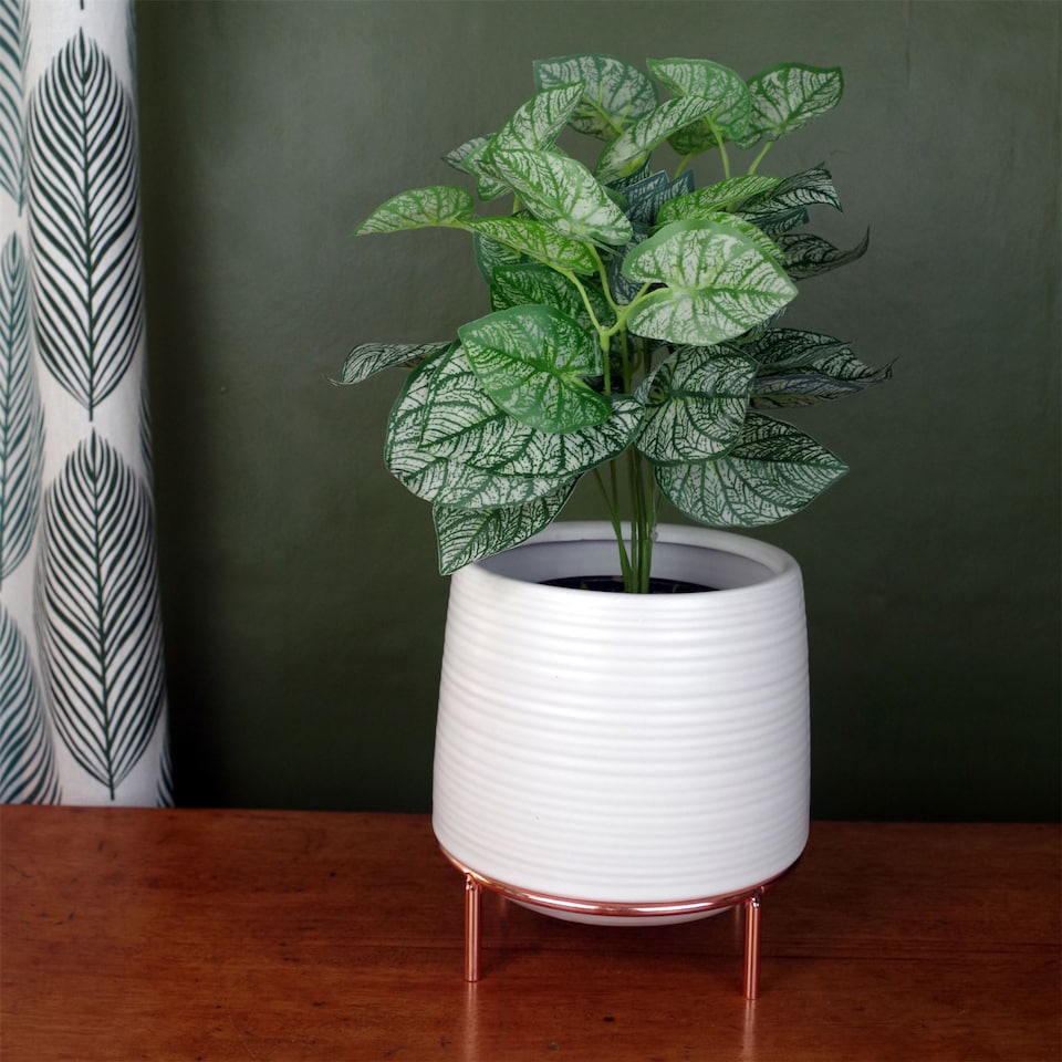 image 1 of White Ceramic Planter with Metal Stand Plant Pot Botanik | White