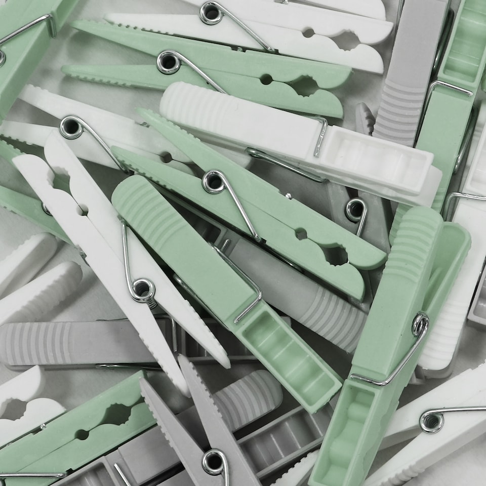 image 1 of JVL Collapsible Peg Basket with 86 Plastic Clothes Pegs, Assorted Colours