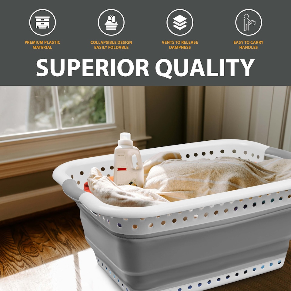 image 1 of 67l Folding Collapsible Laundry Basket Cloth Washing Space Saving Pop Up Bin | White | white