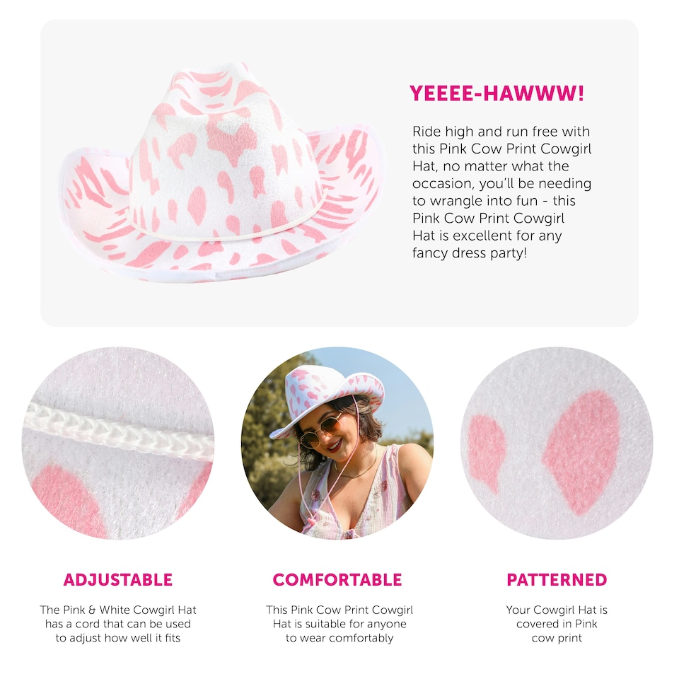 image 1 of Pink Cow Print Cowboy Hat – Fancy Dress Accessory White | One Size