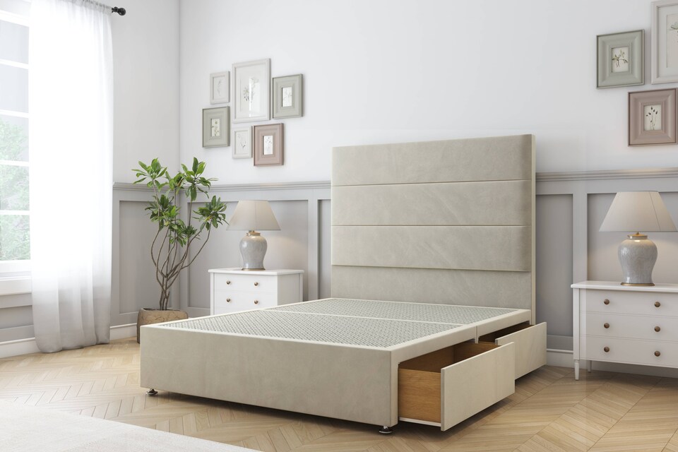 image 1 of Sloomy Texas Cream Plush Divan Bed With Mattress 4 Drawers With 54" Floor Standing Headboard 4' Small Double | Cream | Cream | Small Double | 1