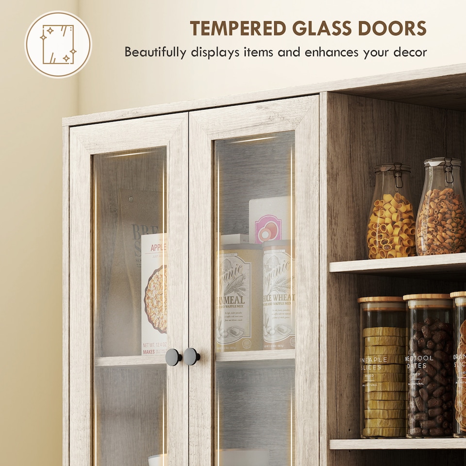 image 1 of HOMCOM 172 cm Tall Kitchen Cupboard, Pantry Storage Cabinet with Tempered Glass Doors and Soft-Close Hinges, Freestanding Kitchen Cabinet with Adjustable Shelves and 6 Open Shelves, Light Grey | Grey | Light Grey