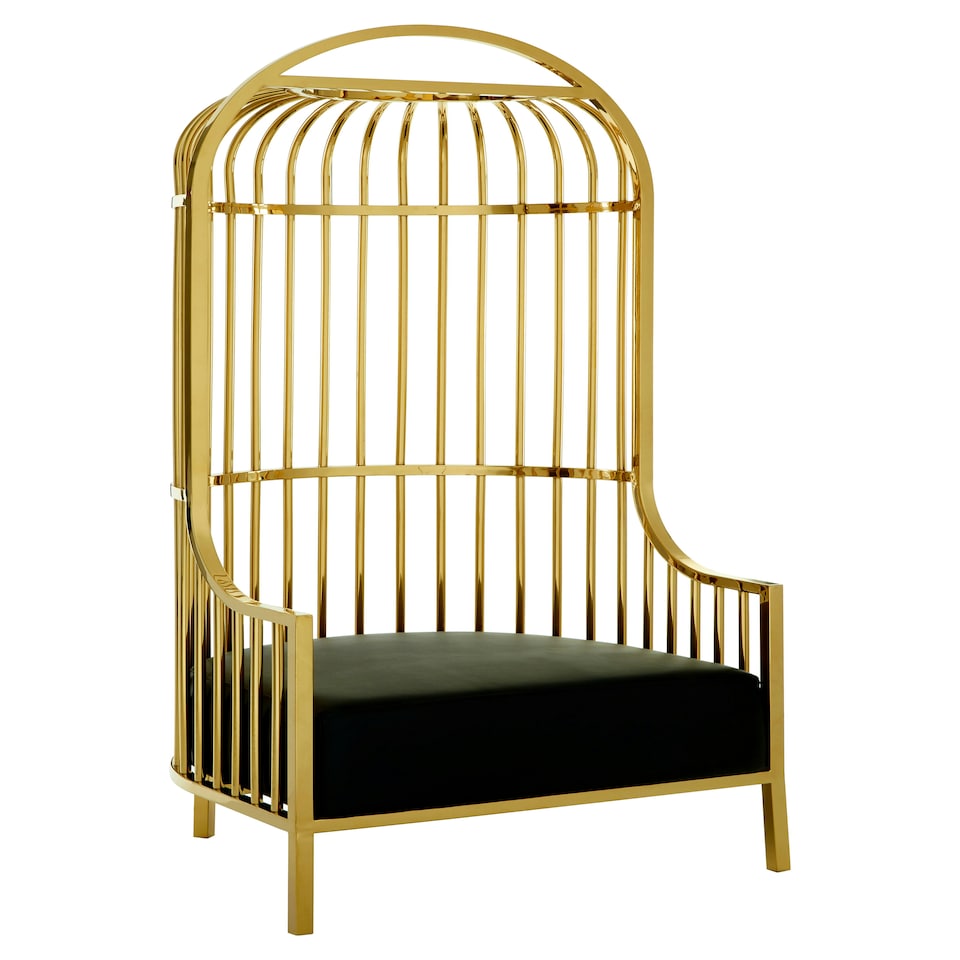 image 1 of Interiors by Premier Gold Finish Dome Cage Chair, Art Deco Style Stainless Steel Statement Chair, Black Faux Leather Padded Seat Gold