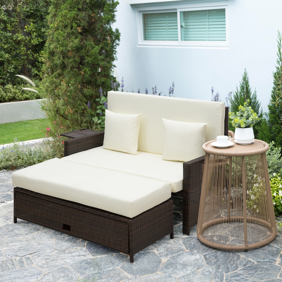 image 1 of Outsunny Rattan Garden Daybed, Assembled Double Sun Lounger with 5-Level Adjustable Back, Storage Ottoman, Cushions, Pillows and Retractable Trays, Outdoor Loveseat Sofa Bed for Patio, Brown