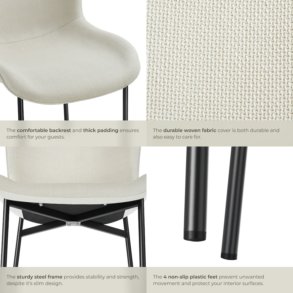 image 1 of Dining Chair Tessa - ergonomic high backrest, slim steel legs, soft fabric - Set of 2 White | Woven Fabric Off-White/Black