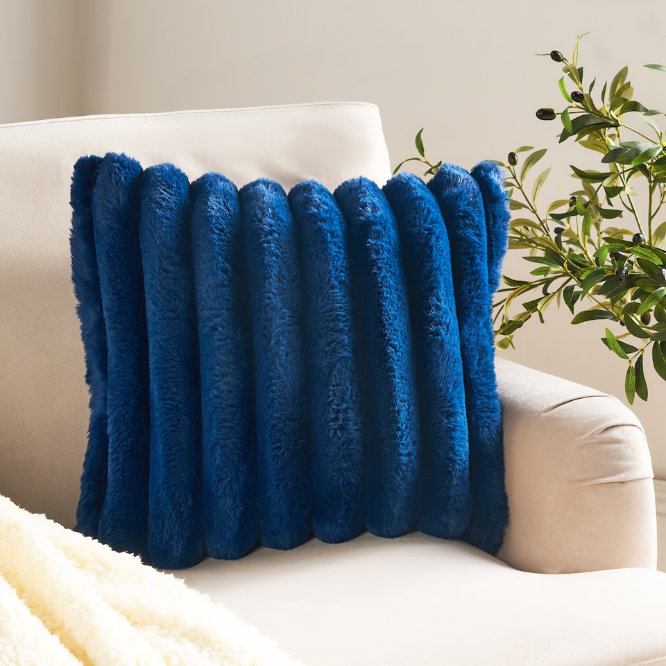 image 1 of OHS 2 Pack Jumbo Soft Faux Fur Ribbed Decorative Square Cushion Covers | Blue | Navy