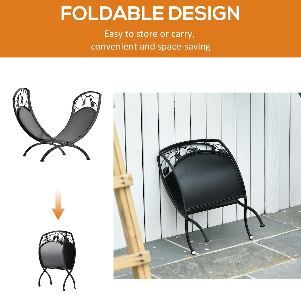 image 1 of Outsunny Iron Folding Arced Firewood Log Holder Leaf Scroll Panel Indoor Outdoor