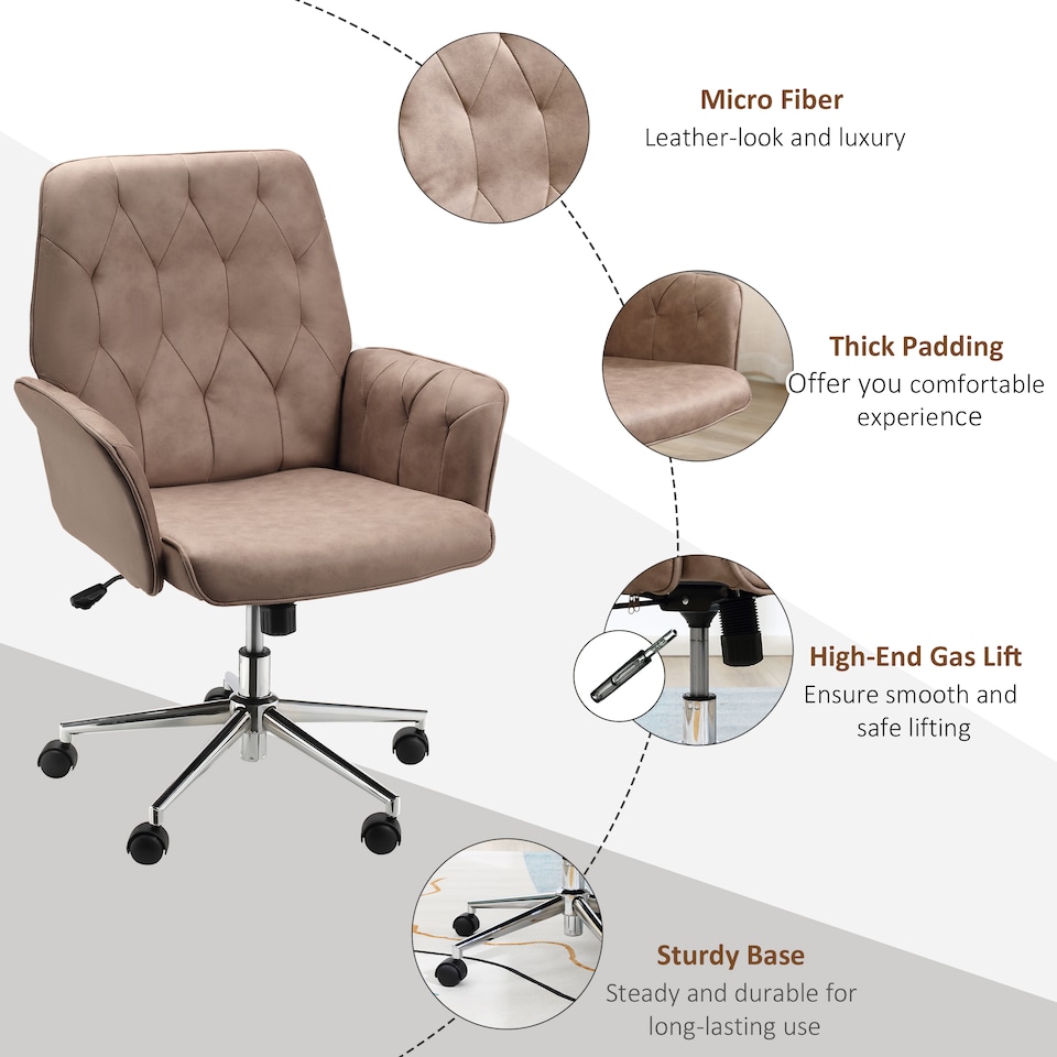 image 1 of Vinsetto Office Desk Chair, Microfibre Vanity Chair with Height Adjustable, Armrest, Swivel Chair for Home, Coffee